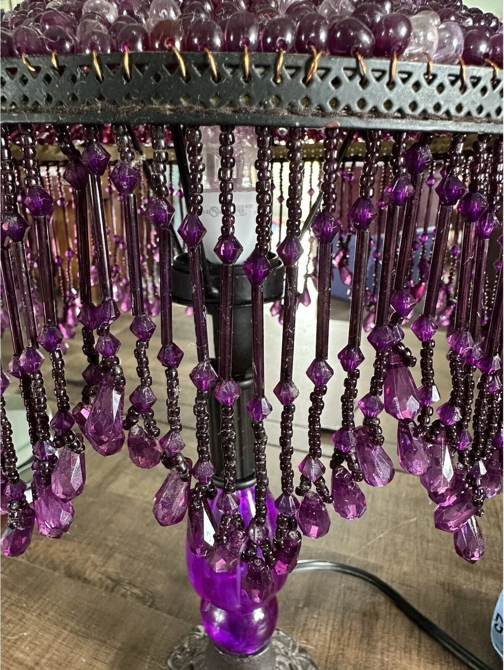Purple Beaded Table Lamp Victorian Boho Fringe Accent Light Candelabra 16